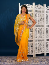  Yellow saree with white patternsChiffon Bandhani Style With Gotapatti Work Saree
