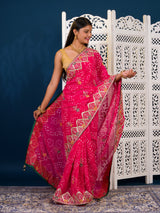  Georgette Bandhani Style Fabric with Sequin Embroidery Work Saree for wedding 