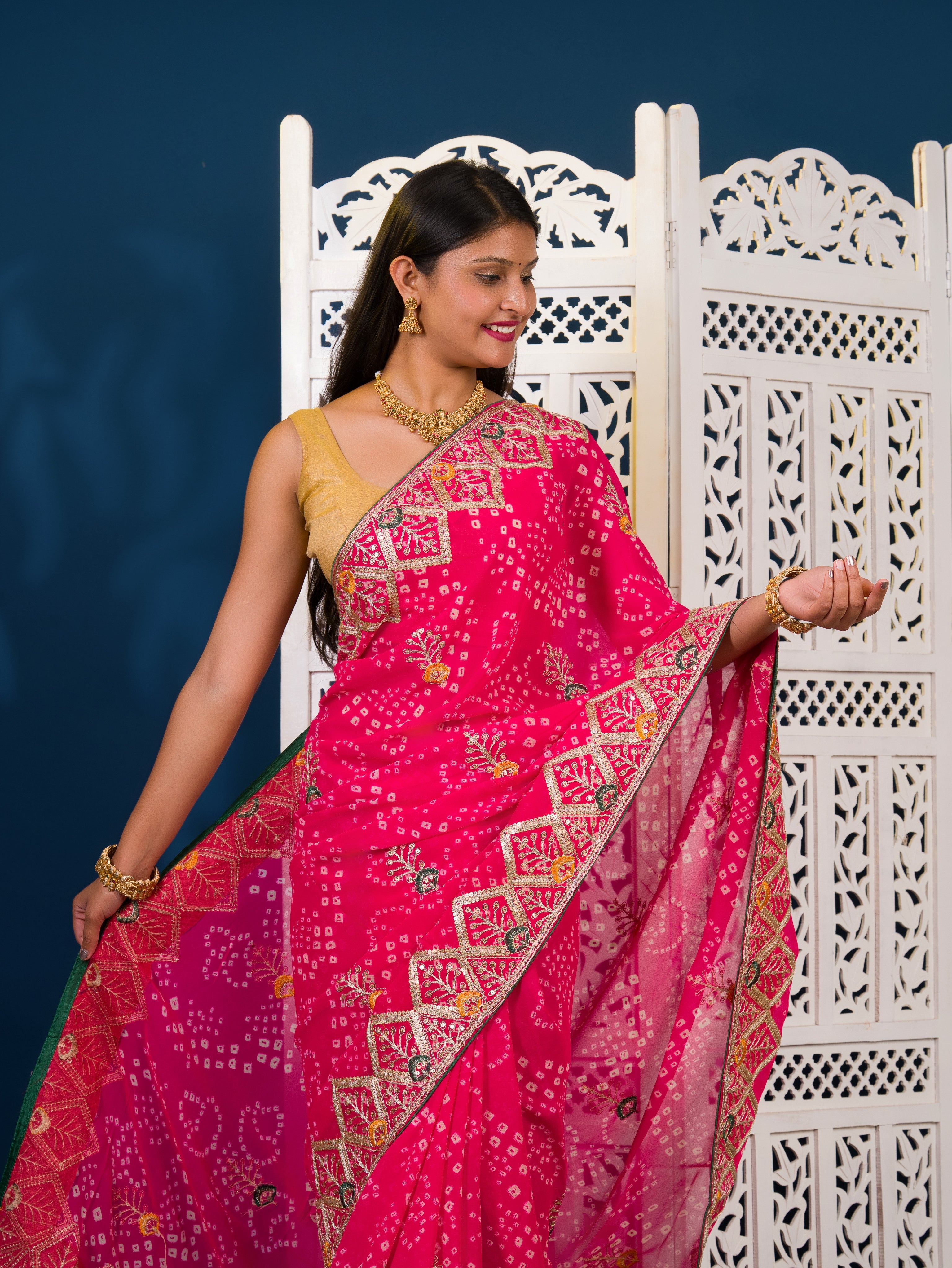  Georgette Bandhani Style Fabric with Sequin Embroidery Work Saree for wedding 