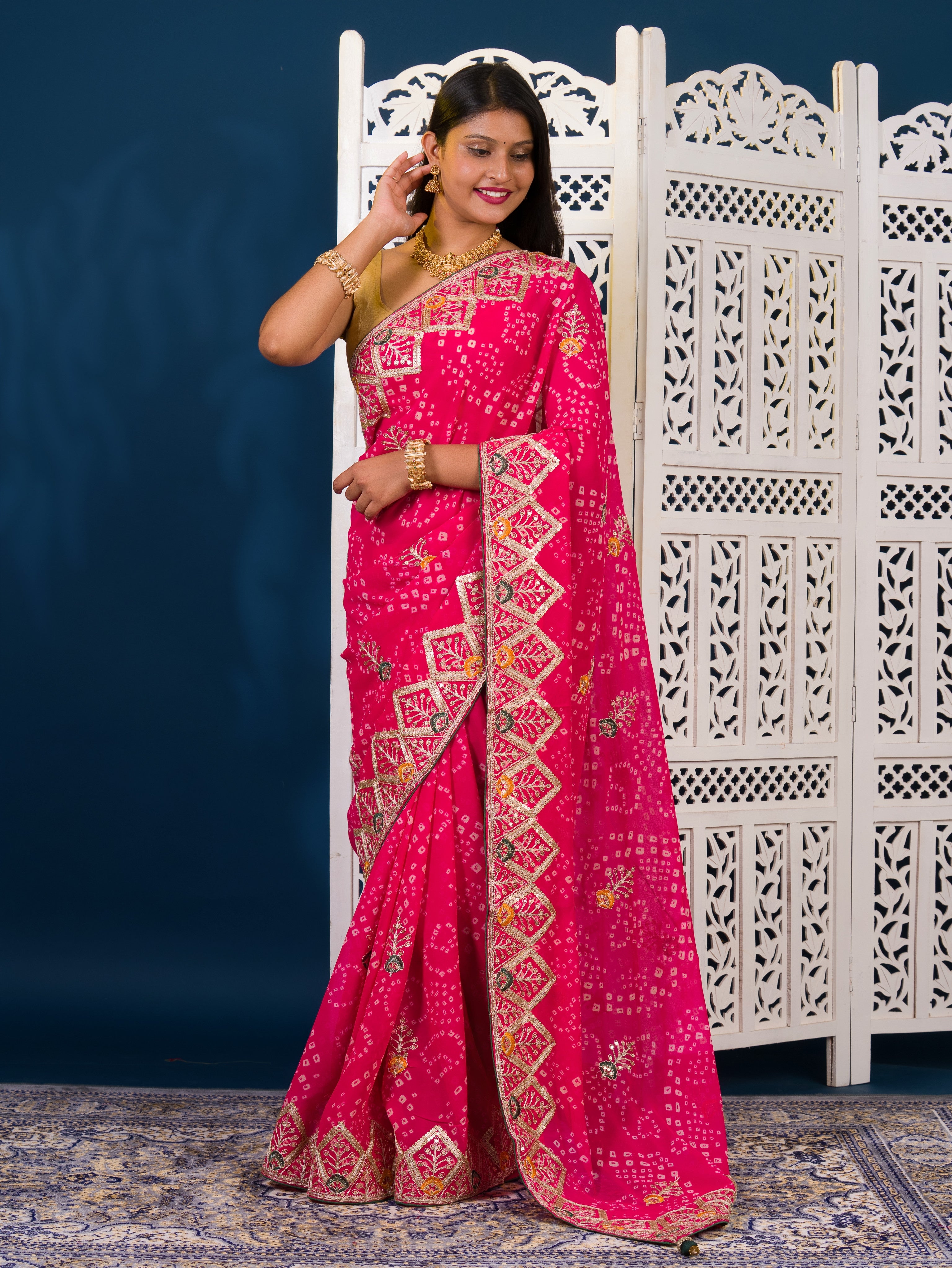  Georgette Bandhani Style Fabric with Sequin Embroidery Work Saree for wedding 