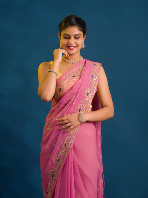 By Designer Saree With Handcrafted Aari Tari Work 