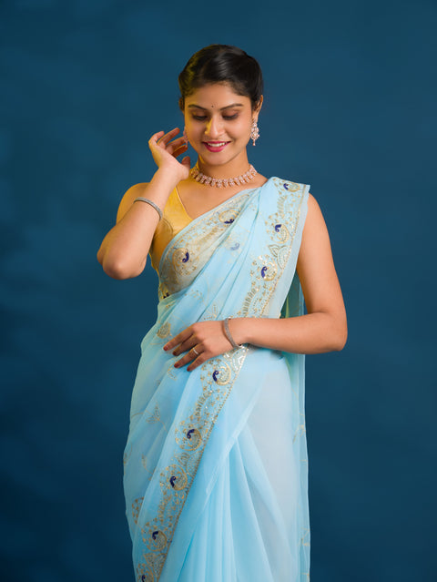 By Designer Saree With Handcrafted Aari Tari Work 