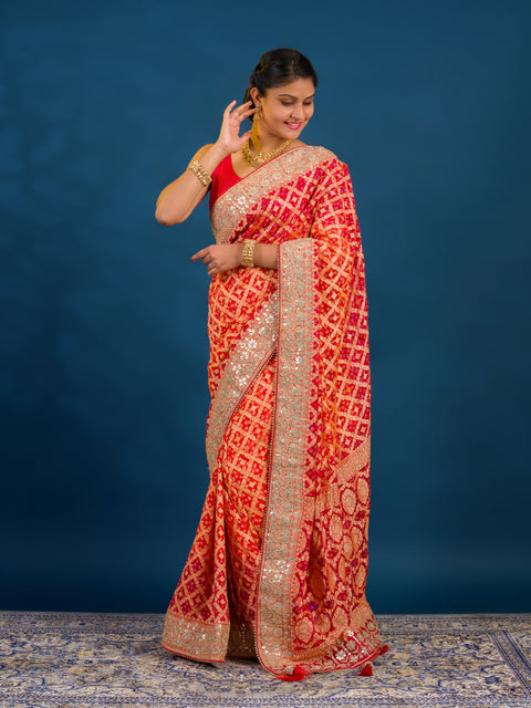Traditional Khaddi Georgette Bandhani Saree with Gota Patti