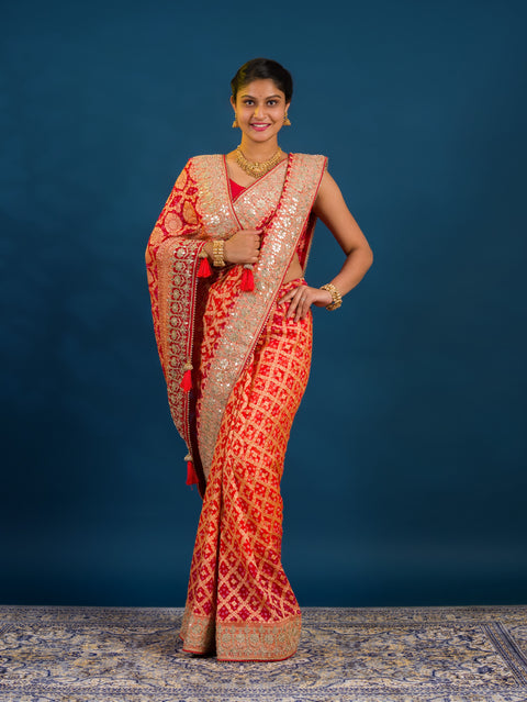 Traditional Khaddi Georgette Bandhani Saree with Gota Patti
