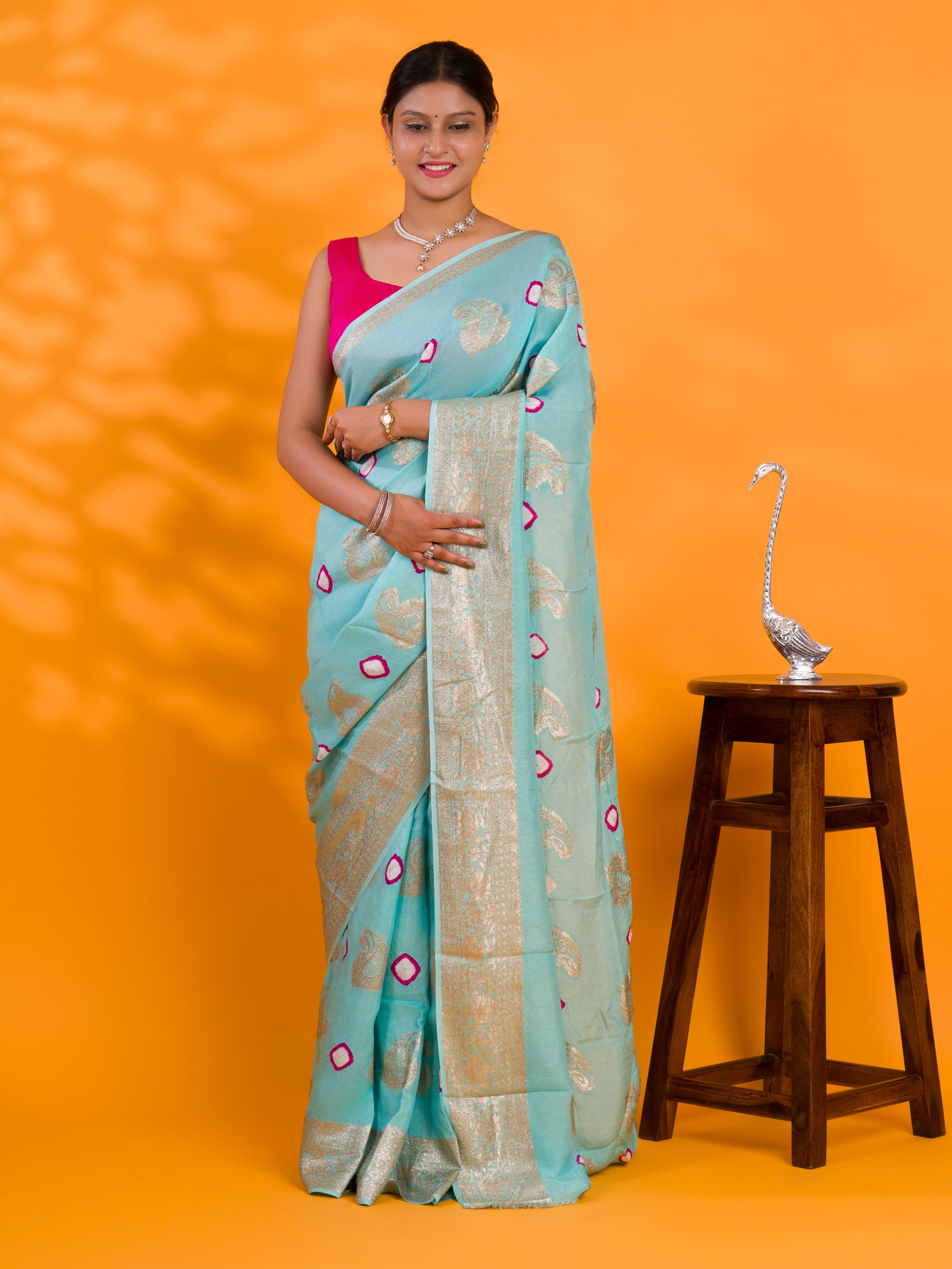  Dola Silk Bandhani Zari Weaving Work Saree in light blue colour