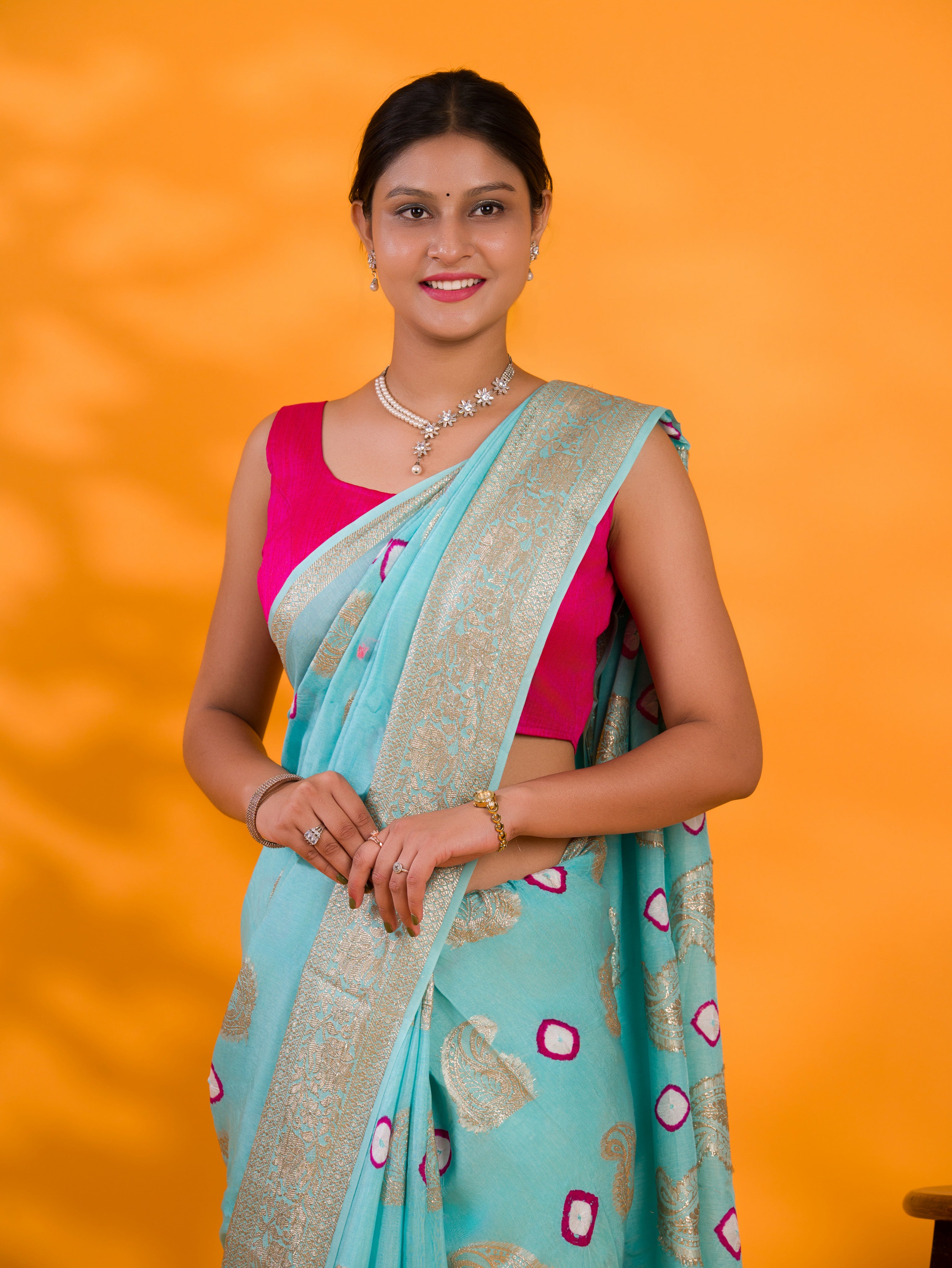  Dola Silk Bandhani Zari Weaving Work Saree in light blue colour