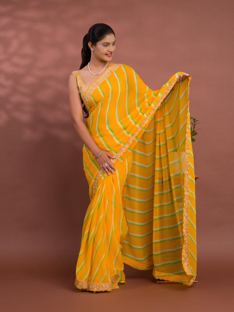 KcPc Latest New Chiffon Leheriya Style With Embroidery Border Work Saree STL