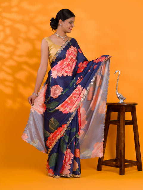 KcPc Chinon Crape Floral Print Gotapatti Cutwork Border Sarees sana Navy Blue