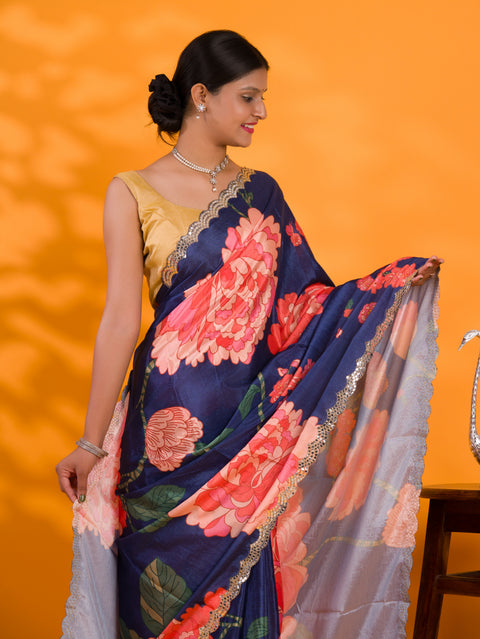 KcPc Chinon Crape Floral Print Gotapatti Cutwork Border Sarees sana Navy Blue