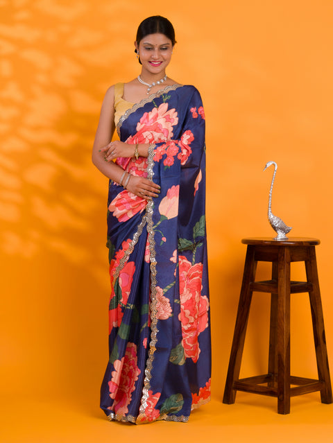 KcPc Chinon Crape Floral Print Gotapatti Cutwork Border Sarees sana Navy Blue