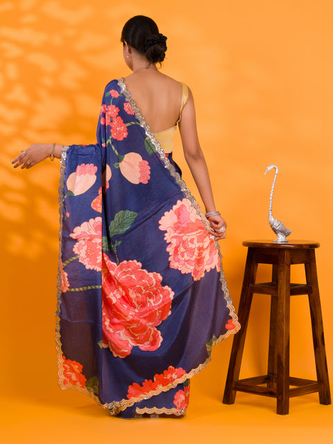KcPc Chinon Crape Floral Print Gotapatti Cutwork Border Sarees sana Navy Blue