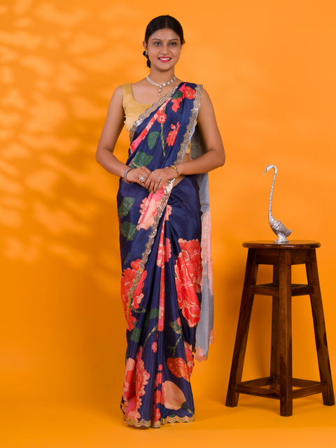 KcPc Chinon Crape Floral Print Gotapatti Cutwork Border Sarees sana Navy Blue