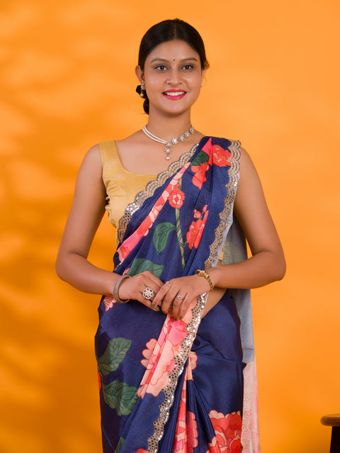 KcPc Chinon Crape Floral Print Gotapatti Cutwork Border Sarees sana Navy Blue