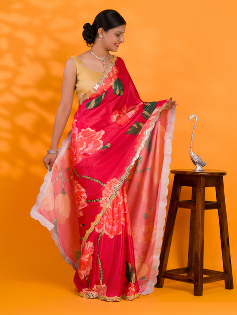 KcPc Latest  Chinon Crape Floral Print Gotapatti Cutwork Border Saree Red sana