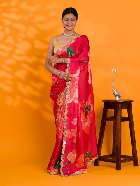 KcPc Latest  Chinon Crape Floral Print Gotapatti Cutwork Border Saree Red sana