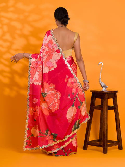 KcPc Latest  Chinon Crape Floral Print Gotapatti Cutwork Border Saree Red sana