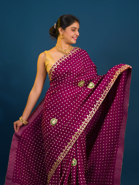 KcPc New Modal silk Bandhani With Kachha Gotapatti work Saree VK