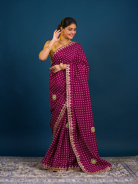 KcPc New Modal silk Bandhani With Kachha Gotapatti work Saree VK
