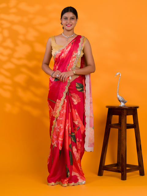 KcPc Latest  Chinon Crape Floral Print Gotapatti Cutwork Border Saree Red sana