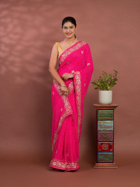 KcPc New Latest Chiffon  Leheriya Style With Cutdana Embroidery Work Saree SWA
