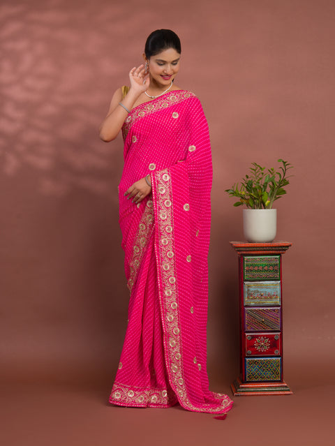 KcPc New Latest Chiffon  Leheriya Style With Cutdana Embroidery Work Saree SWA