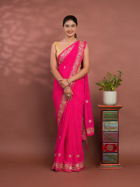 KcPc New Latest Chiffon  Leheriya Style With Cutdana Embroidery Work Saree SWA
