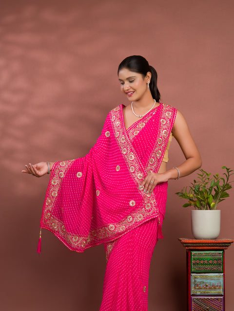 KcPc New Latest Chiffon  Leheriya Style With Cutdana Embroidery Work Saree SWA