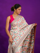 Pashmina Cotton Silk Kashmiri Style Party wear Saree in off white colour