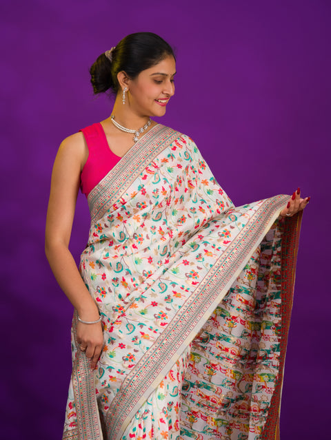 Pashmina Cotton Silk Kashmiri Style Party wear Saree in off white colour