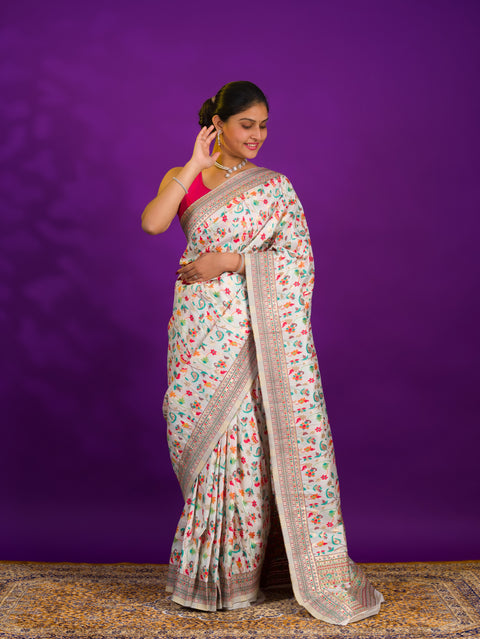 Pashmina Cotton Silk Kashmiri Style Party wear Saree in off white colour