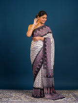 KcPc New LatestCreap Silk Bandhani with Ajrakh Style With Office Wear Saree ASH