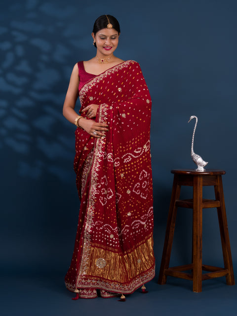 KcPc Modal Gaji Silk Bandhej Gotapatti Work Saree  AMT