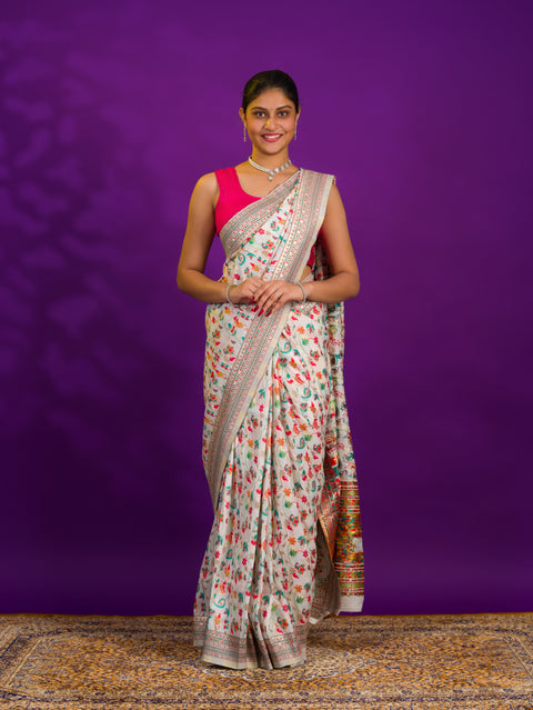 Pashmina Cotton Silk Kashmiri Style Party wear Saree in off white colour