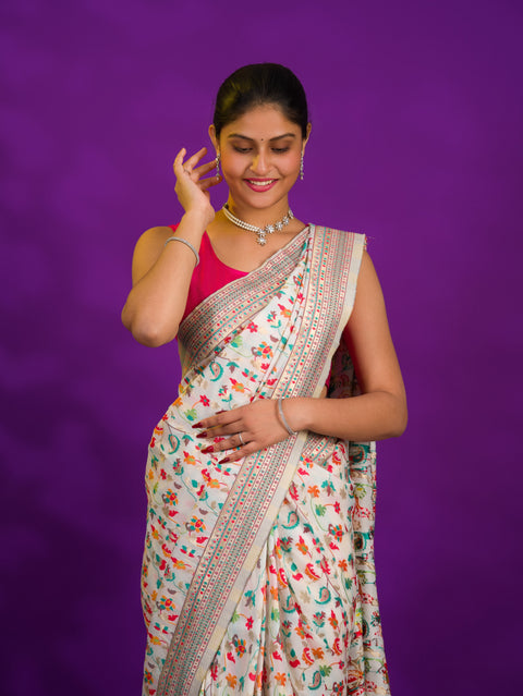 Pashmina Cotton Silk Kashmiri Style Party wear Saree in off white colour