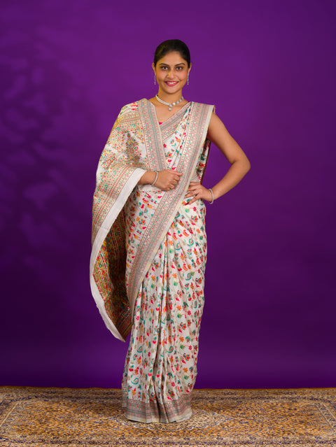 Pashmina Cotton Silk Kashmiri Style Party wear Saree in off white colour