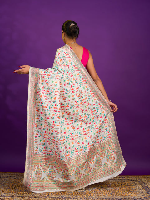 Pashmina Cotton Silk Kashmiri Style Party wear Saree in off white colour