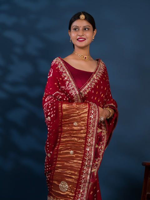 KcPc Modal Gaji Silk Bandhej Gotapatti Work Saree  AMT