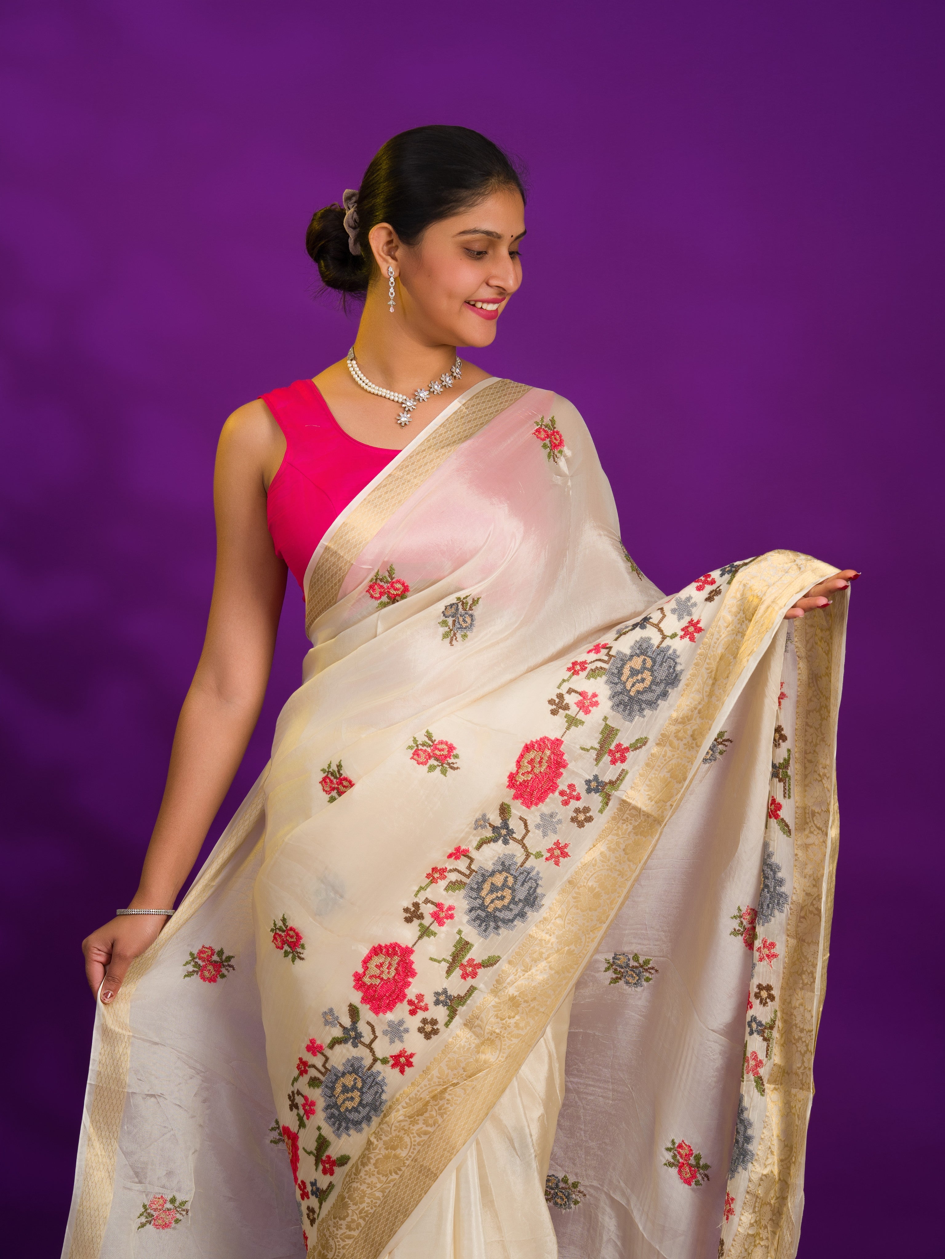 White saree with floral embroiderySilk With Karosiya Hand Work 