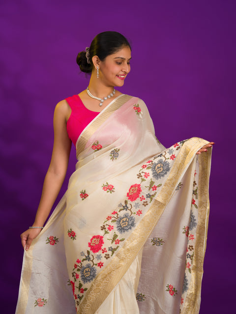 White saree with floral embroidery  Silk With Karosiya Hand Work 