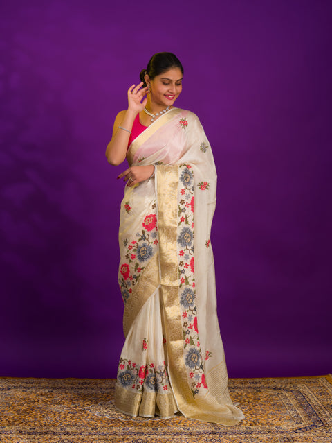White saree with floral embroidery  Silk With Karosiya Hand Work 