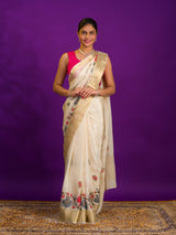 White saree with floral embroiderySilk With Karosiya Hand Work 