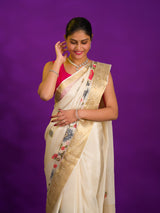 White saree with floral embroiderySilk With Karosiya Hand Work 