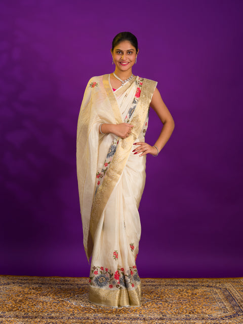 White saree with floral embroidery  Silk With Karosiya Hand Work 