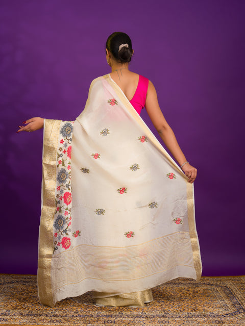 White saree with floral embroidery  Silk With Karosiya Hand Work 