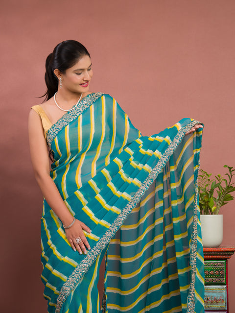 KcPc New Beautiful Chiffon Leheriya Style With Embroidery Border Work Saree STL