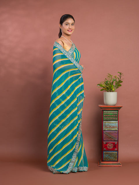 KcPc New Beautiful Chiffon Leheriya Style With Embroidery Border Work Saree STL