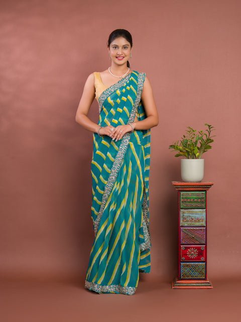 KcPc New Beautiful Chiffon Leheriya Style With Embroidery Border Work Saree STL