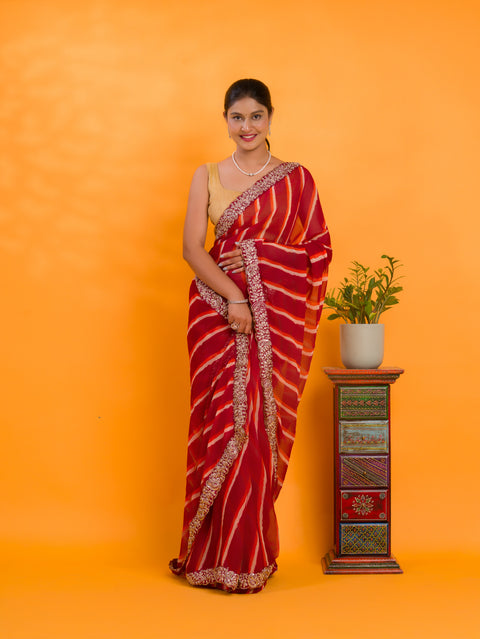 KcPc New Spiceal Chiffon Leheriya Style With Embroidery Border Work Saree STL