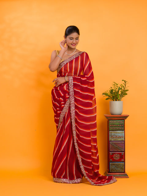 KcPc New Spiceal Chiffon Leheriya Style With Embroidery Border Work Saree STL