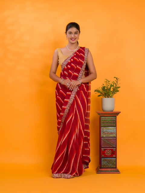 KcPc New Spiceal Chiffon Leheriya Style With Embroidery Border Work Saree STL